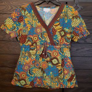 M Katherine Heigl Mock Wrap Scrub Top Mod Floral Paisley Multicolor Bright